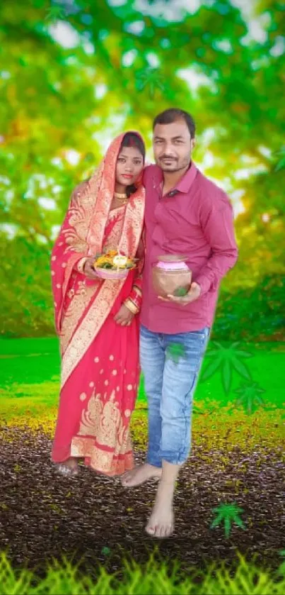 Couple in traditional attire with a vibrant green background.