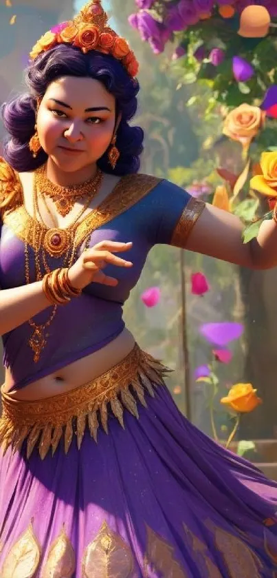 Traditional dancer in vibrant attire with colorful flowers.