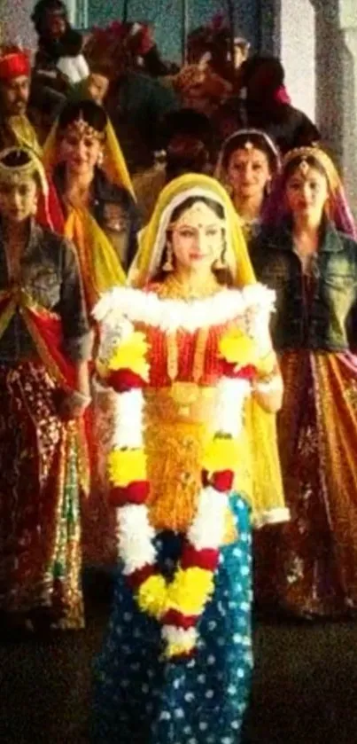 Colorful dancers in traditional Indian attire.