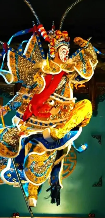 Colorful traditional dancer in mid-motion against a turquoise backdrop.