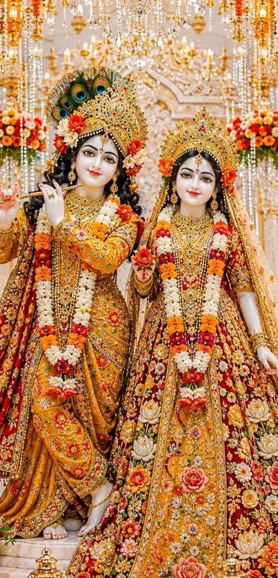 Traditional deities adorned in rich, colorful attire with ornate decorations.