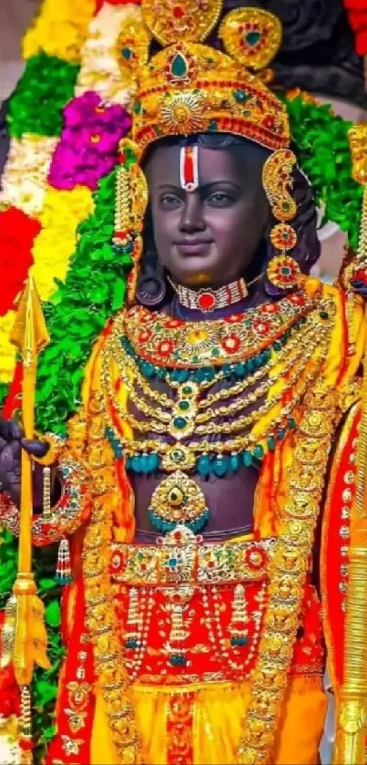 Colorful deity with vibrant attire and jewelry in a traditional style.