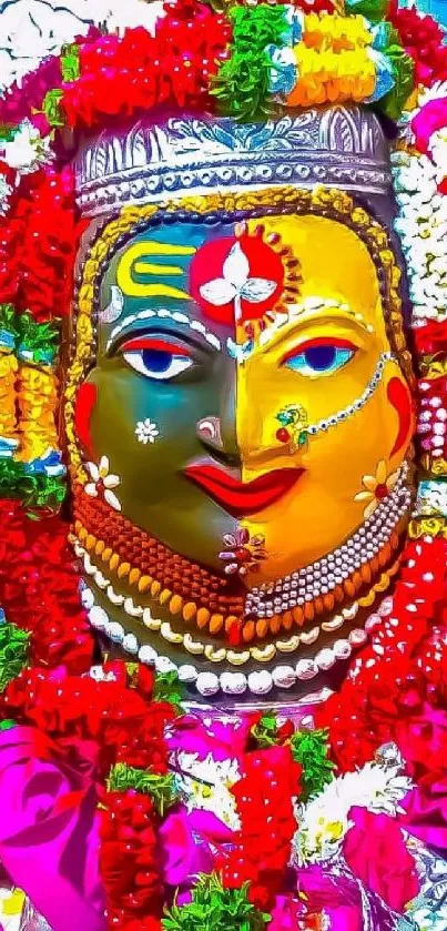 Colorful deity with vibrant floral garlands mobile wallpaper.