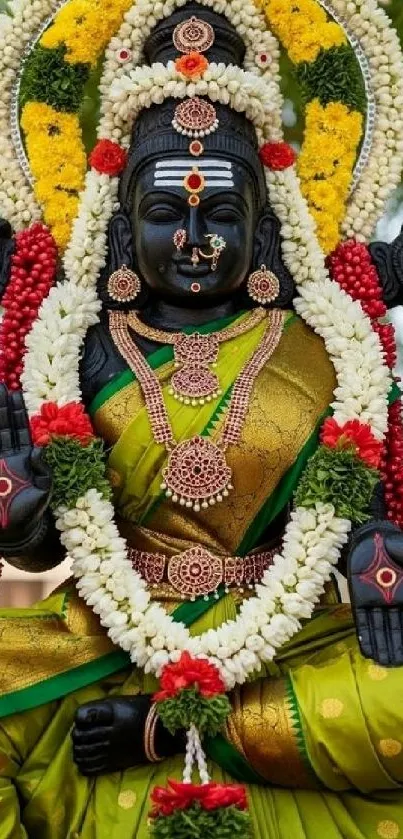 Vibrant traditional deity with floral garlands and intricate attire.