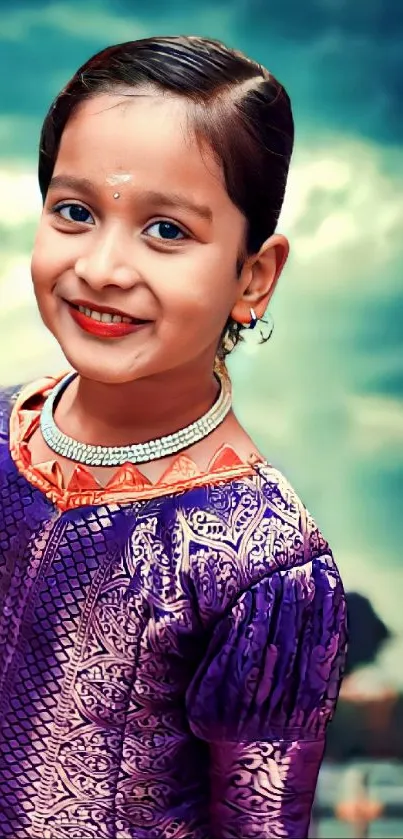 Child in vibrant traditional attire against a striking sky.