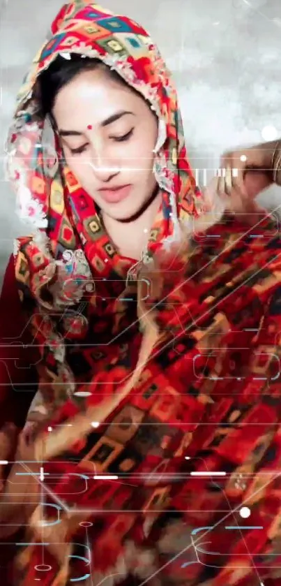 Vibrant mobile wallpaper featuring a traditional red patterned dress.