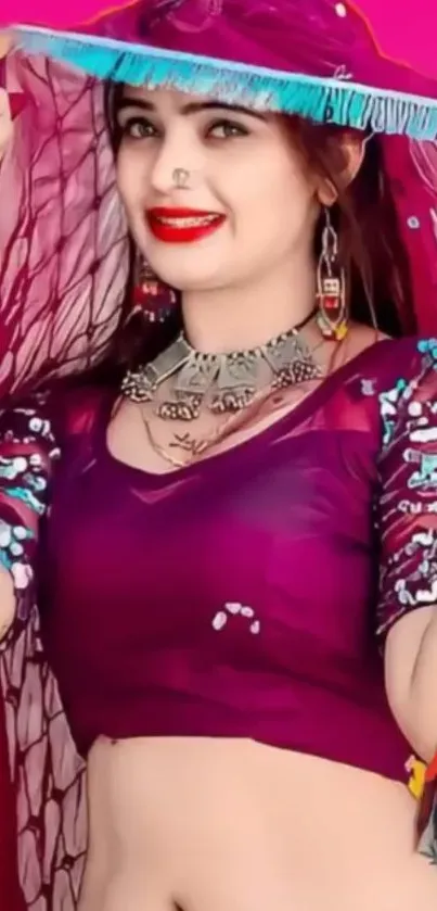 Vibrant woman in traditional attires with rich magenta hues.