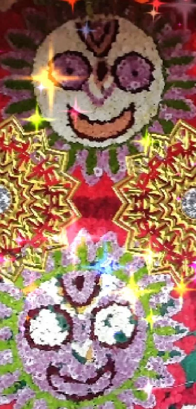 Colorful traditional festival art on a vibrant mobile wallpaper.