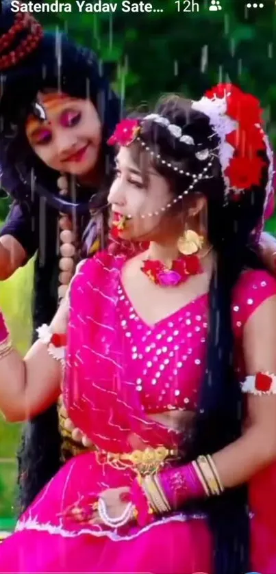 Women in colorful traditional attire on a flower-adorned swing in a festive setting.