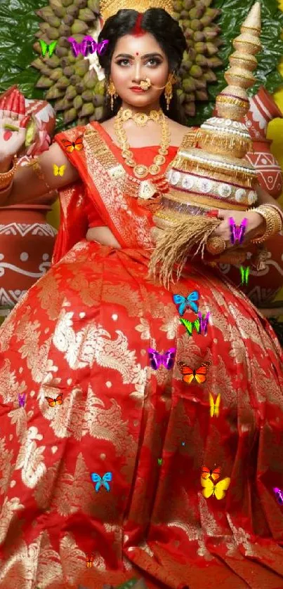 Woman in traditional Indian attire holding festive objects, with vibrant colors.