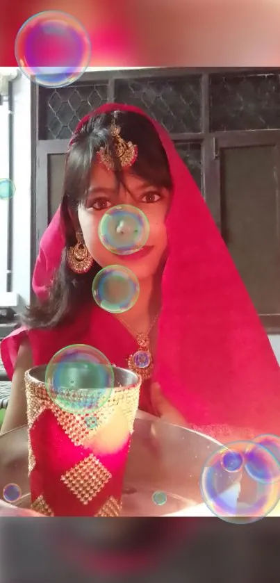 Indian woman in red attire with colorful bubbles and traditional jewelry.