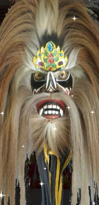 Colorful traditional mask with intricate design on a dark background.