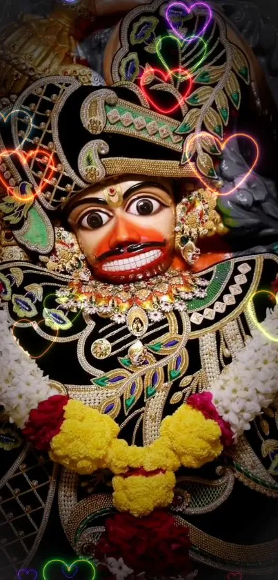 Intricate traditional mask with colorful designs on a black background.