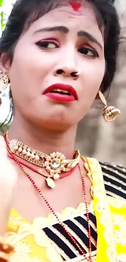 Woman in vibrant traditional attire with expressive face and jewelry.