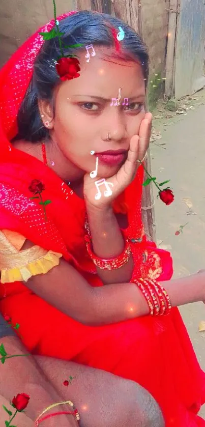 Woman in vibrant red traditional attire with floral accents.