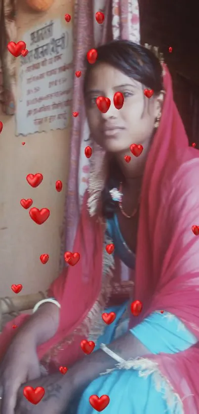 Woman in traditional attire with bright red shawl