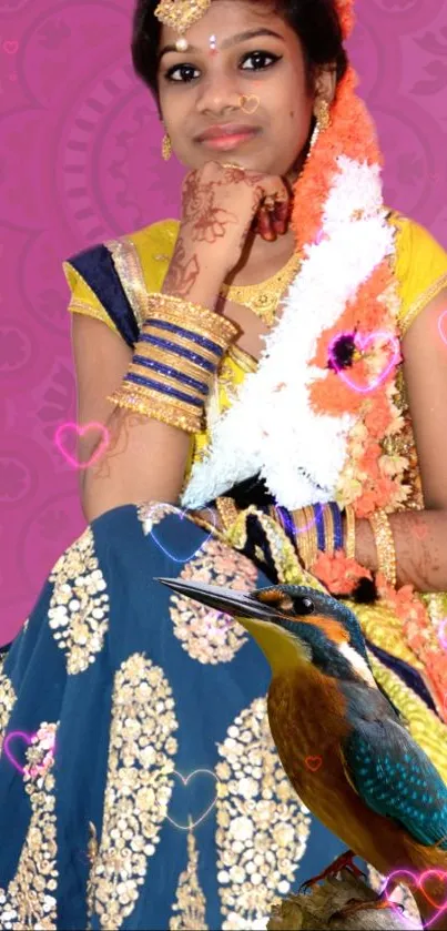 Colorful Indian attire with pink backdrop and heart patterns.
