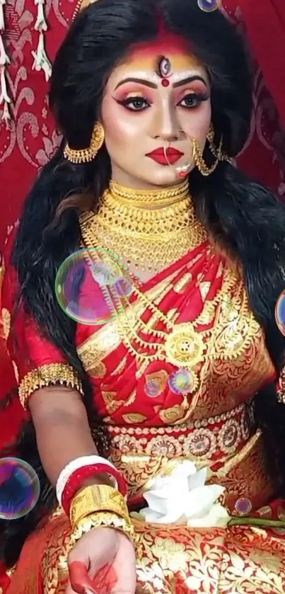 Vibrant traditional portrait with red attire and gold jewelry.