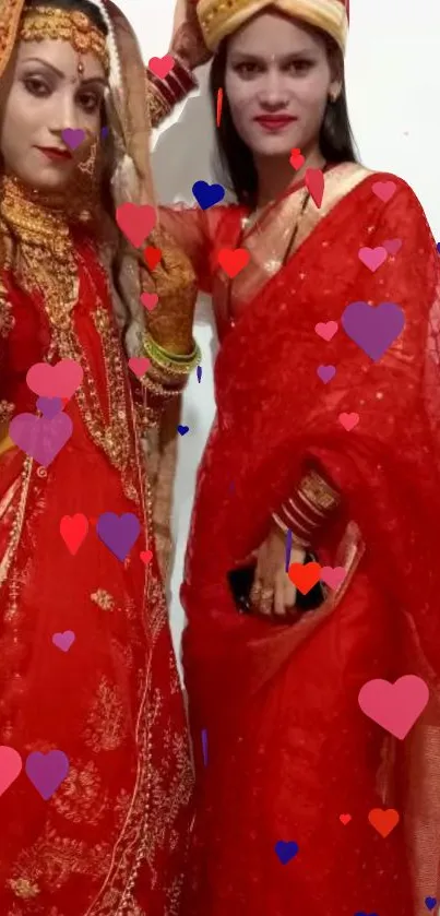 Traditional red bridal attire with gold accents and colorful hearts.