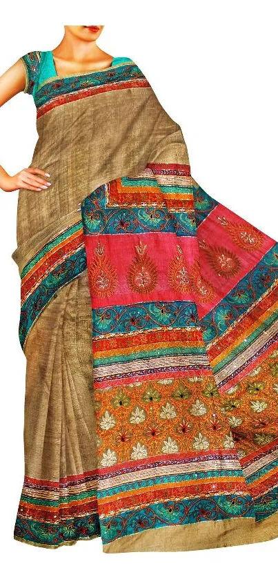 Colorful traditional Indian saree with intricate patterns and vibrant hues.