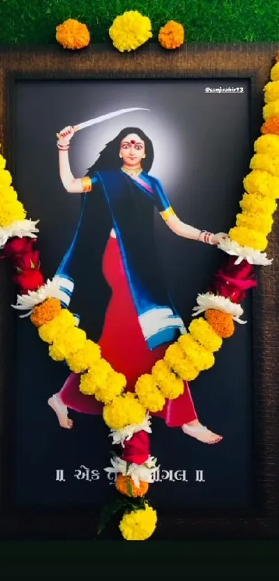 Artistic depiction with vibrant floral garland and colorful attire on a framed piece.