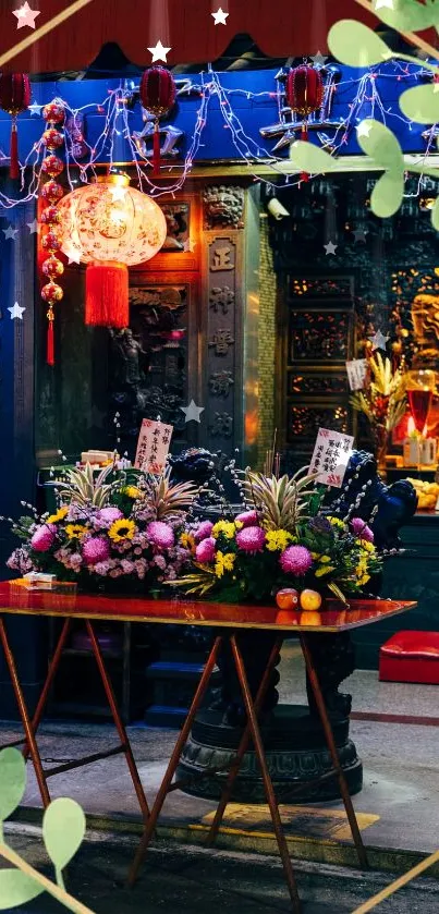 Vibrant traditional street scene with colorful decorations and flowers.