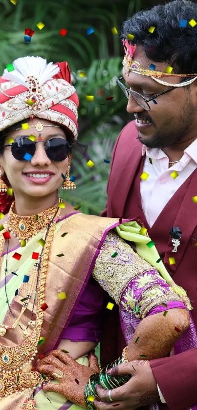 Joyful couple in traditional attire surrounded by greenery.