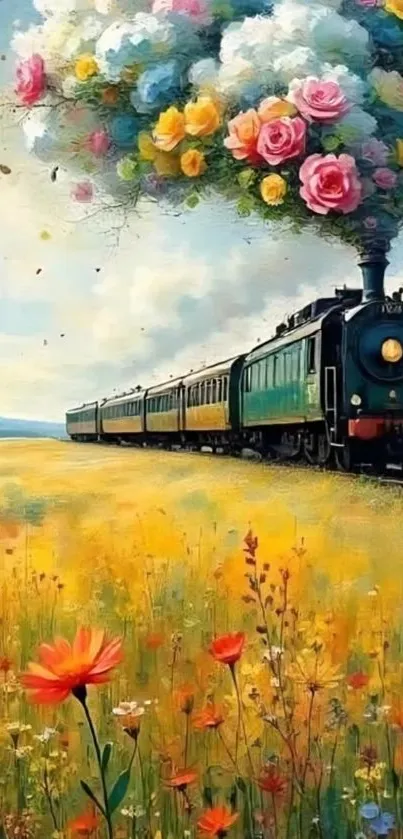 Colorful train with floral smoke in vibrant field.