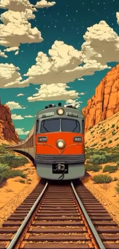 Animated train traveling through desert canyons under a cloudy sky.