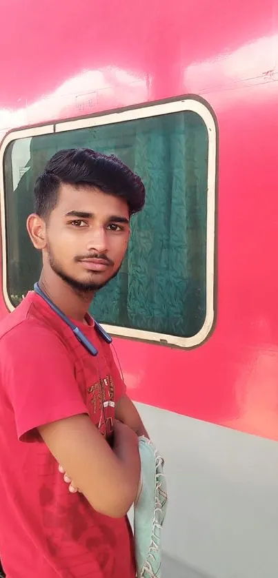 Young man in red by a vibrant train.