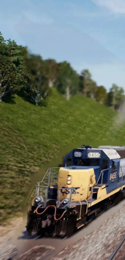 A vibrant train speeding through lush greenery under a clear blue sky on a sunny day.