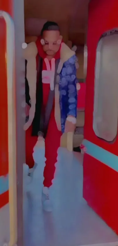 Man enters a red train carriage, creating a vibrant ambiance.