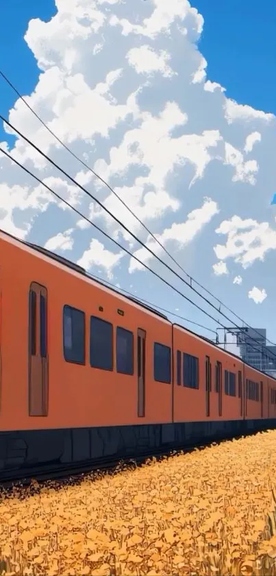 Orange train under a bright blue sky with clouds.
