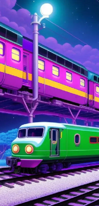 Colorful trains under a starlit sky.