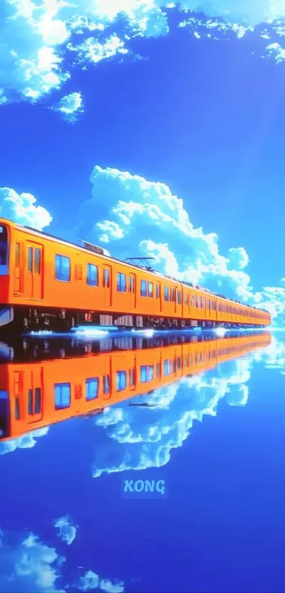 Train mirrored against vivid blue sky and clouds.
