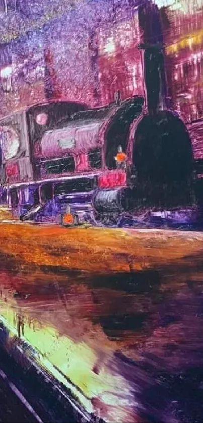 Vibrant painting of a train station with bold, colorful lights and textures.