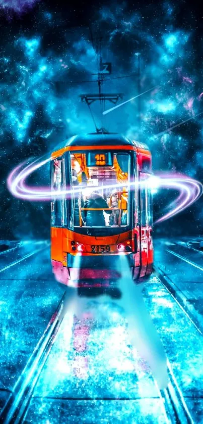 A vibrant tram travels through a cosmic, neon-lit landscape.