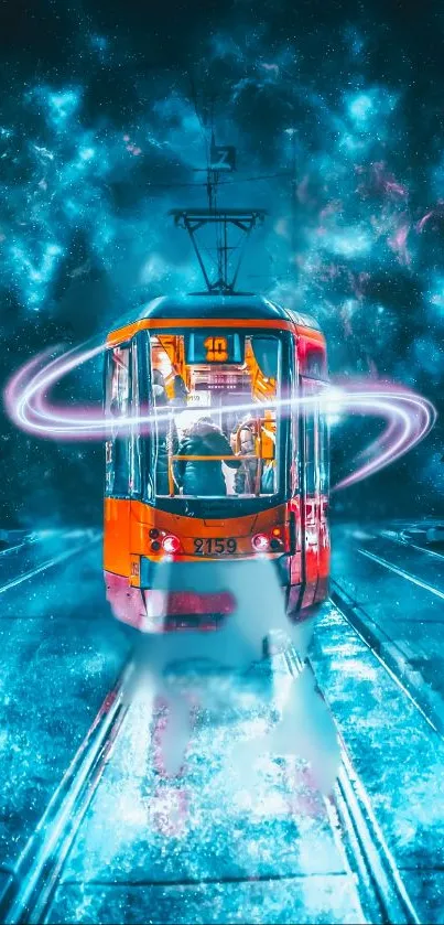 Vibrant orange tram in a cosmic blue landscape with neon accents.