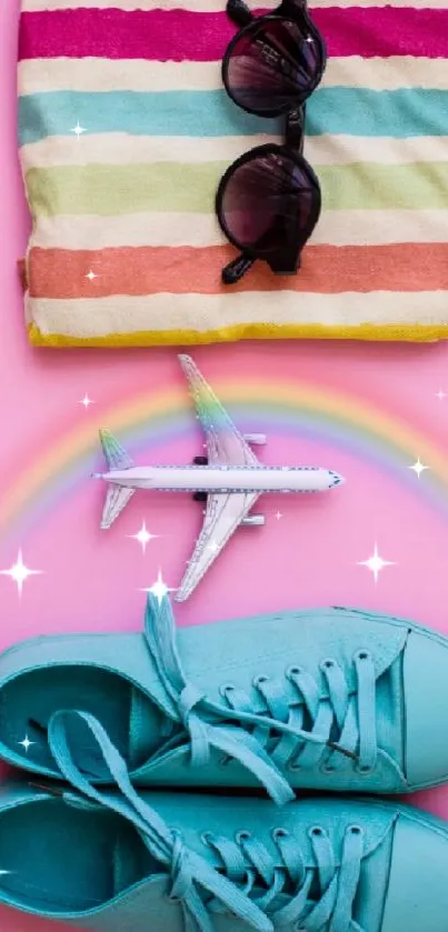 Travel accessories on a vibrant pink background with sneakers and sunglasses.