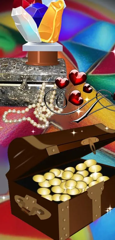 Mobile wallpaper with treasures, jewels, and gold.