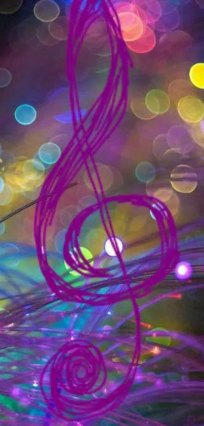 Colorful wallpaper with a treble clef and bokeh lights.