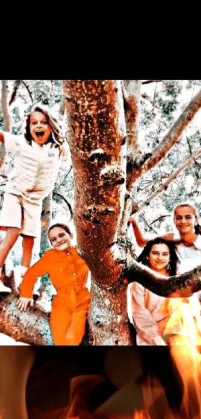 Children climbing a tree in vibrant shades of orange.