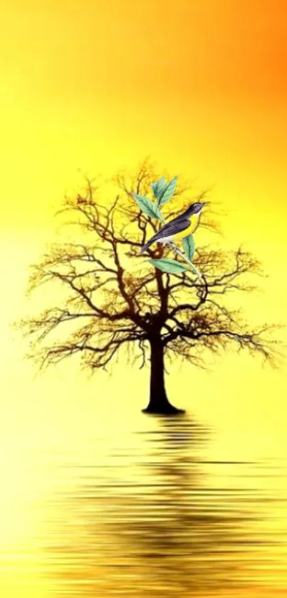 Artistic tree silhouette with bird on vibrant orange background.