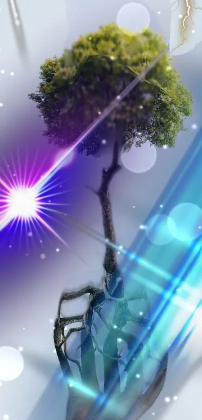 Energetic tree with glowing beams and vibrant lights wallpaper.