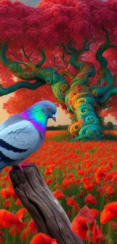 Vibrant tree and pigeon in field of flowers.