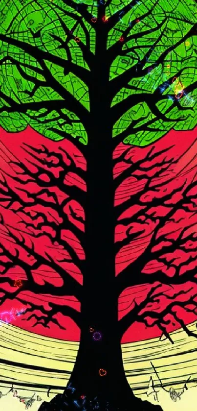 Vibrant tree silhouette against green and red background on phone wallpaper.