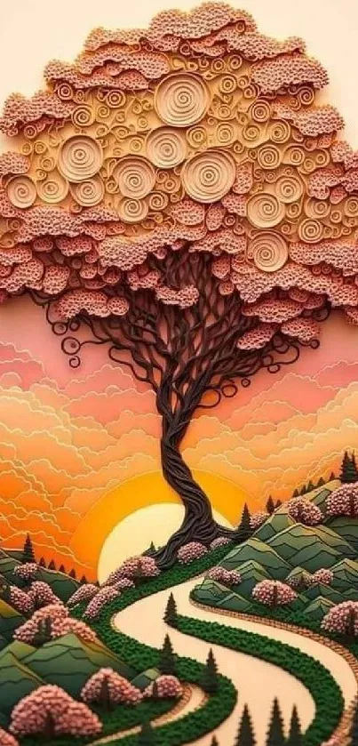 Vibrant wallpaper showcasing intricate tree and colorful clouds.