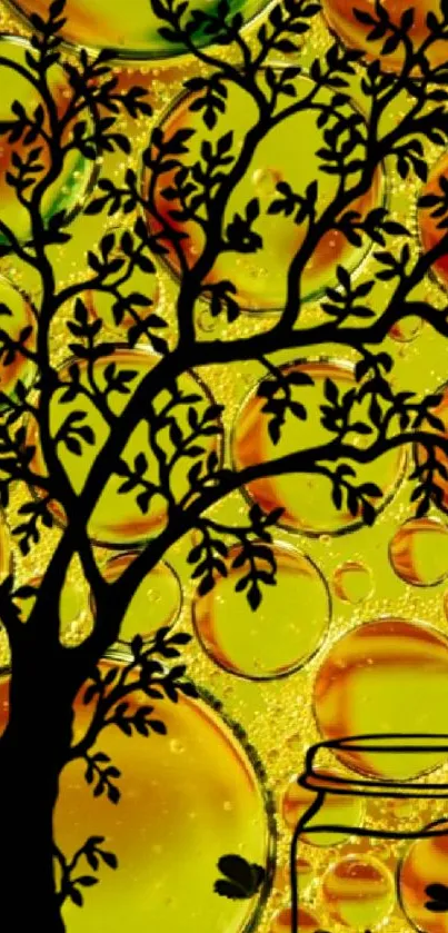 Silhouette of a tree on vibrant yellow abstract background with bubbles.