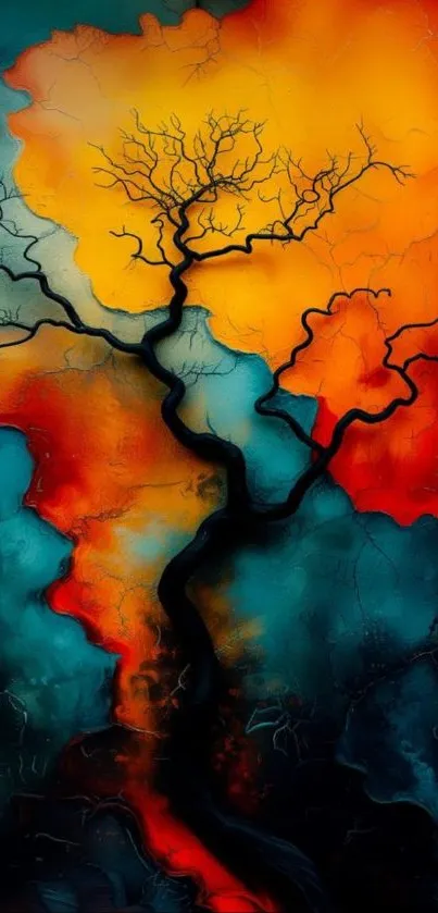 Abstract tree with vibrant colors and artistic design.