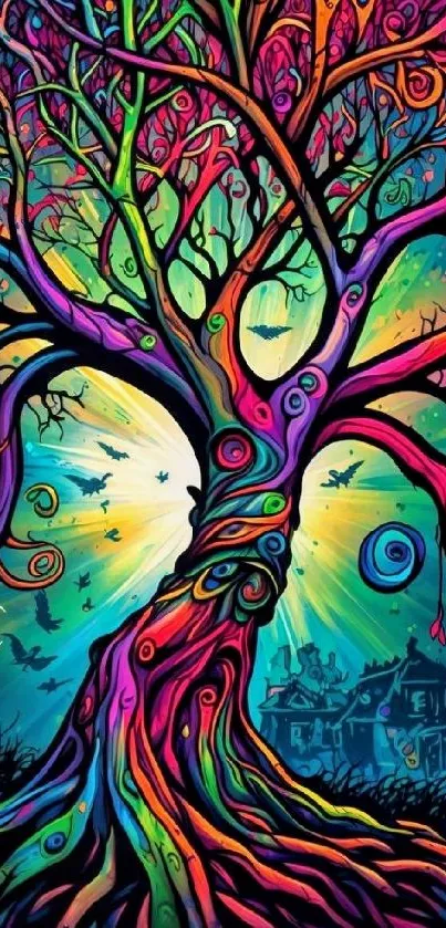 Colorful fantasy tree with vibrant hues in a mystical landscape.